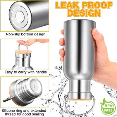 Stainless Steel Double Wall 12 Oz Sliver Insulated Sports Bottle With Wooden Lid