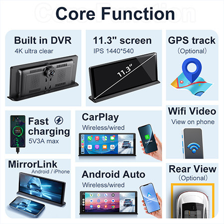 NEW 11.3 inch UHD 4K WIFI Dashcam Wireless Carplay Android Auto Rearview Car DVR GPS Night Vision Video Recorder Black Box