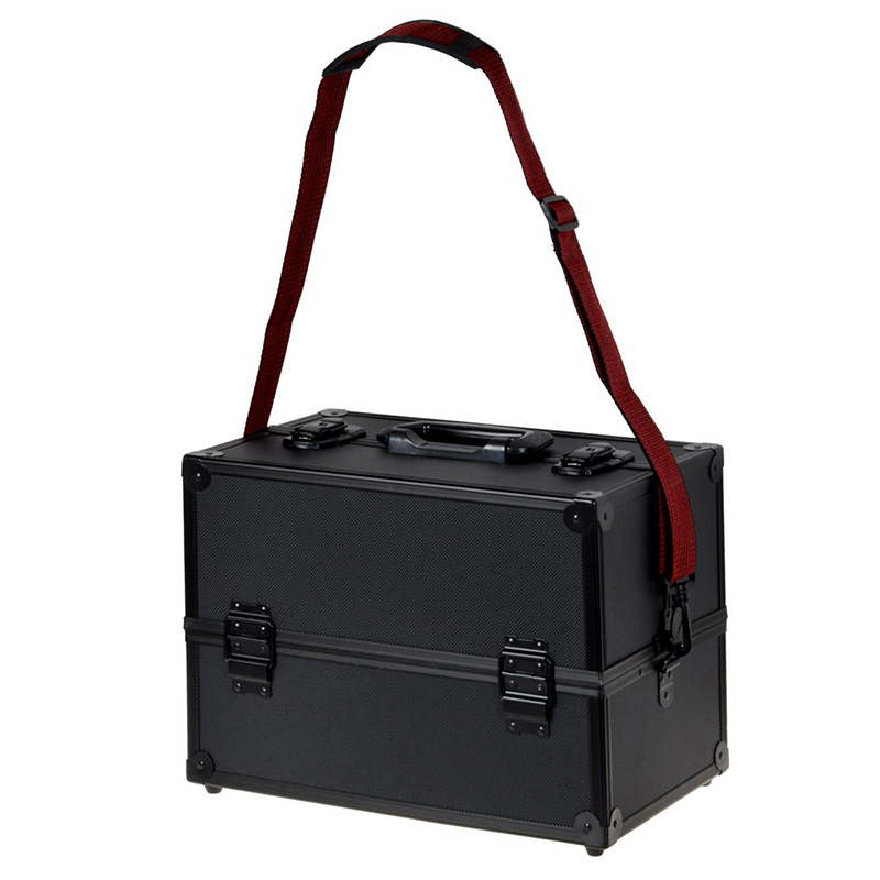 Black Aluminum Makeup Cosmetic Jewelry Storage Case Box Lockable w Tiers Strap