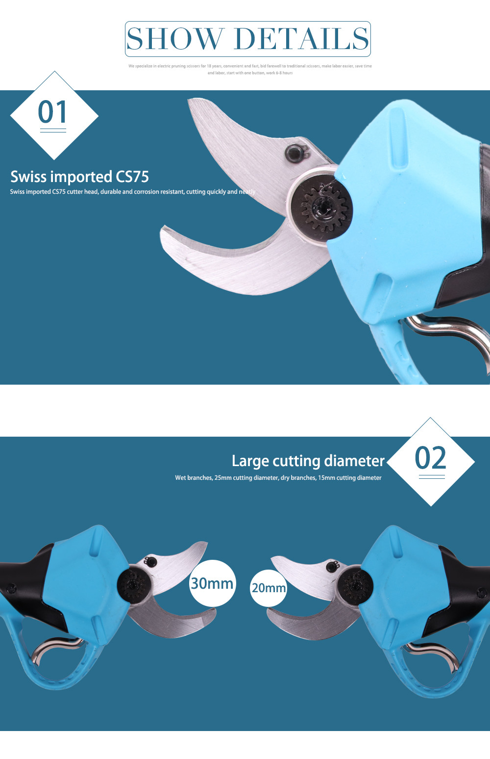 3.0CM Electric Bypass Pruner Cordless Electric Pruning Shear Scissors with Finger Protection 21V