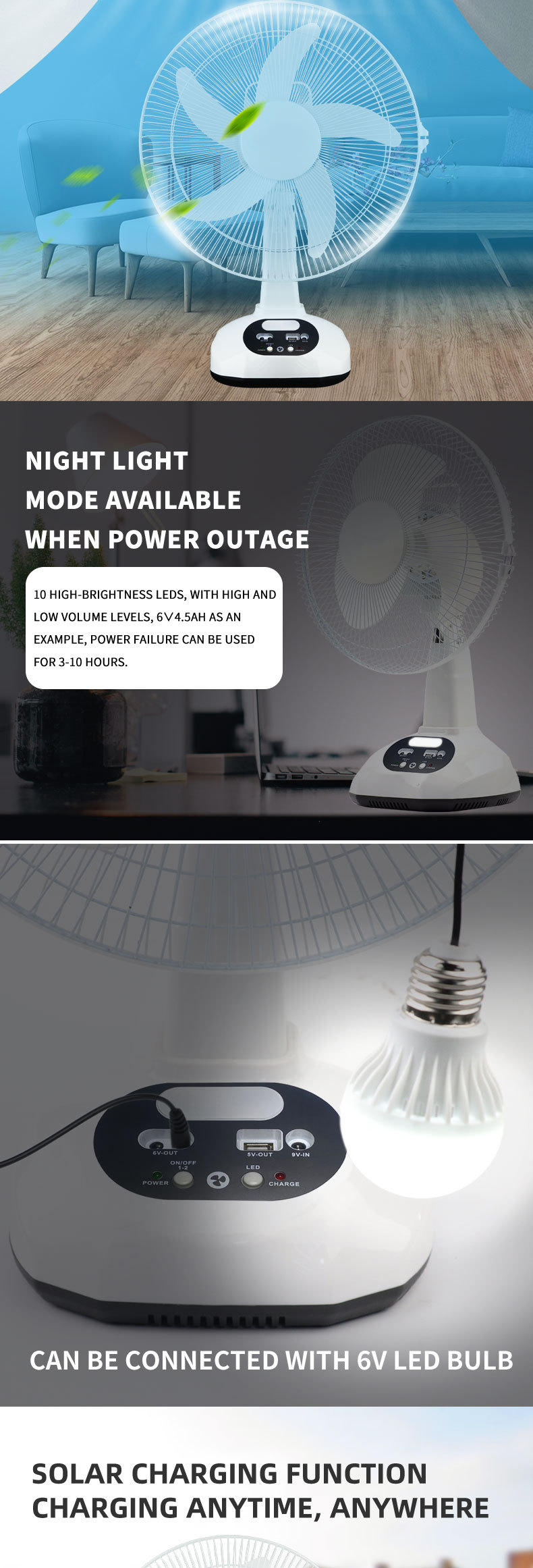 Best-Sale AC/DC Operation Metal Grill 12 Inches 3 Blades Rechargeable Home Solar Fans Rechargeable Electric Fan