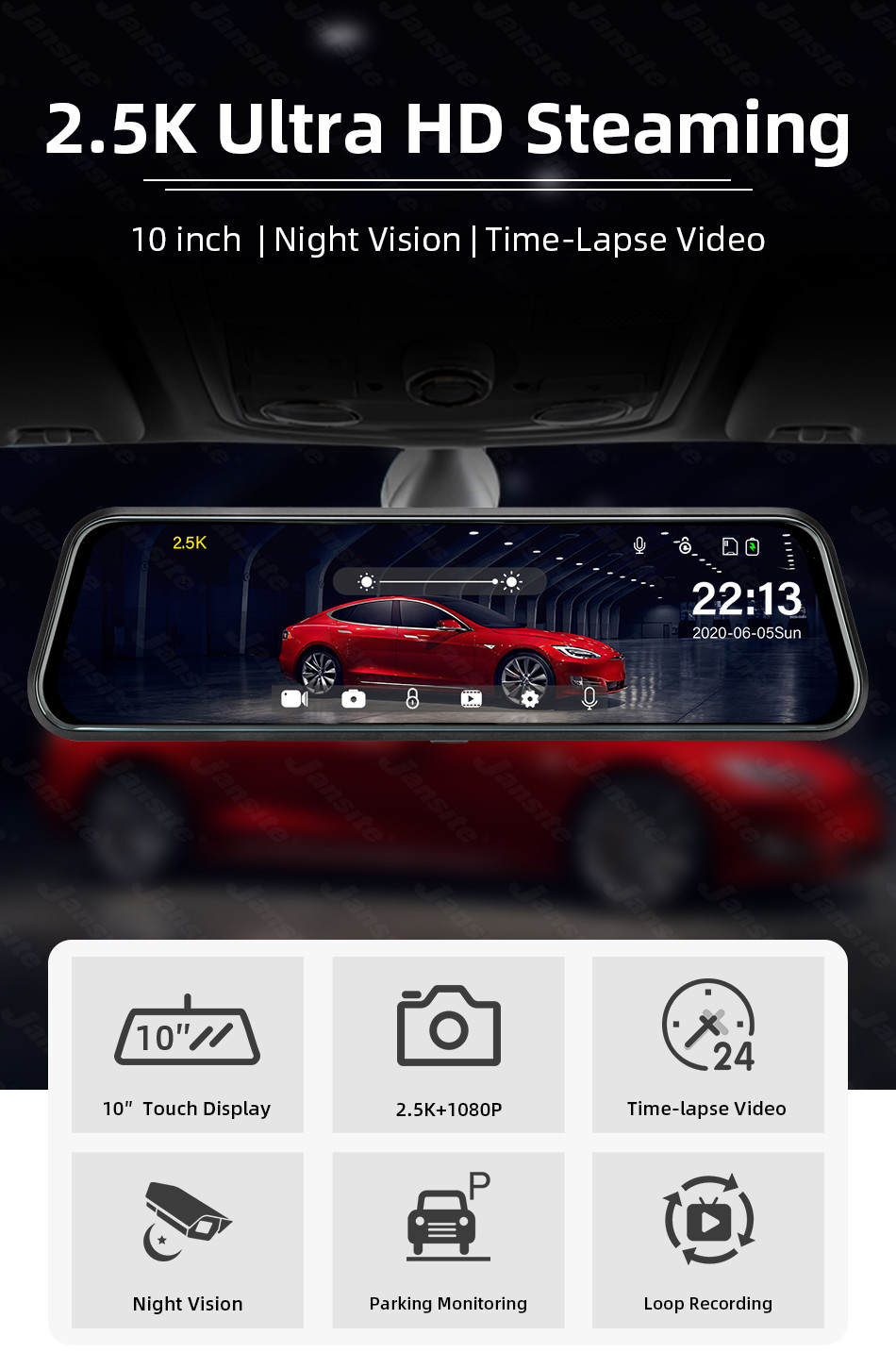 9.66 Inch Motion Activated Dashcam Full 2.5D Touch Screen Front Back Recording