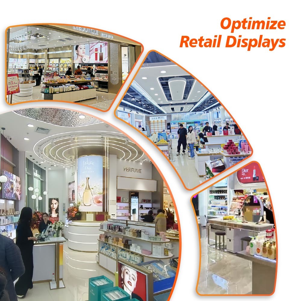 GDR08-SP02 Cosmetic Display Shelf with Gray Velvet Headband Cylinders and Efficient Storage for Cosmetics Retail Stores