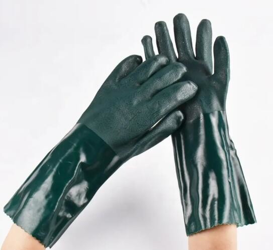 35cm Cold Weather PVC Gloves Flock Cotton Lined Dark Green PVC Heavy Duty Gloves