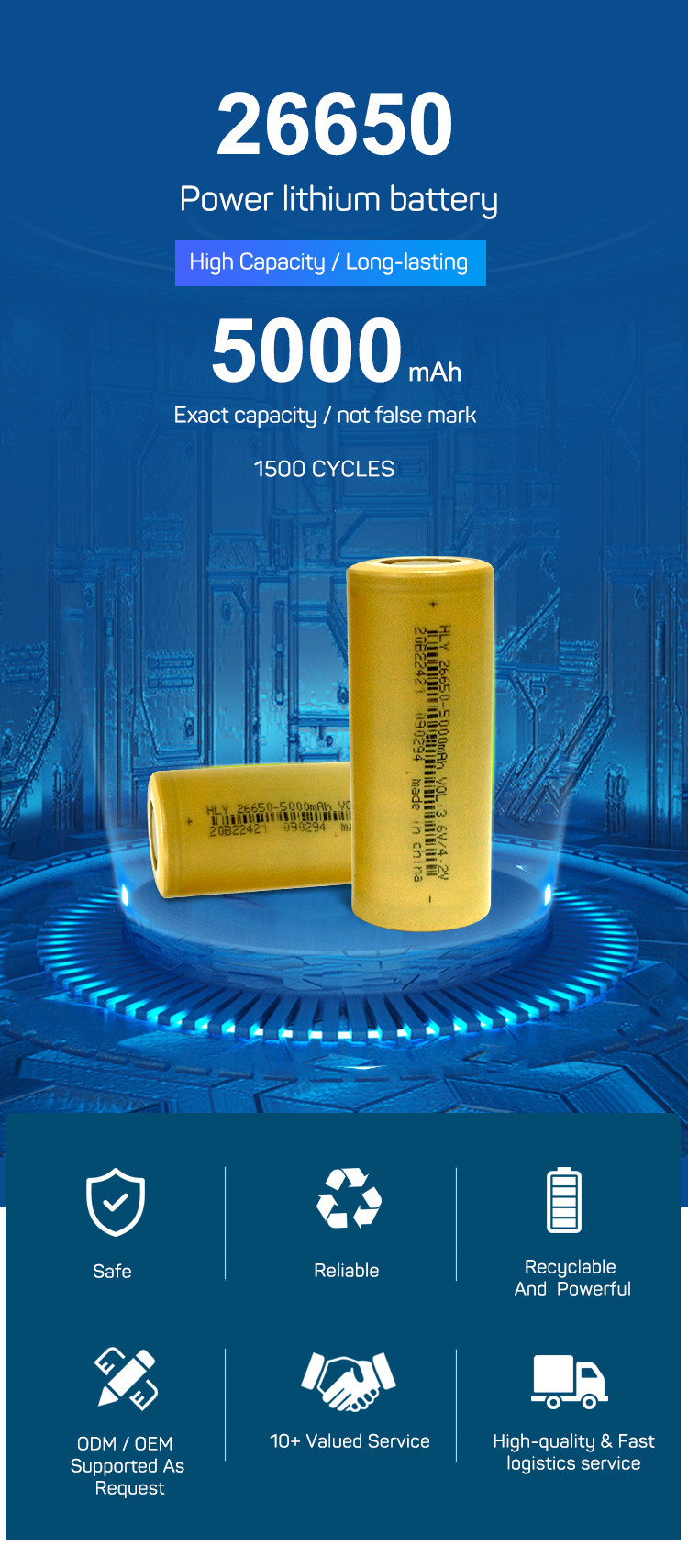 5000mAh 26650 3.6 Volt Lithium Battery Rechargeable High Discharge Rate