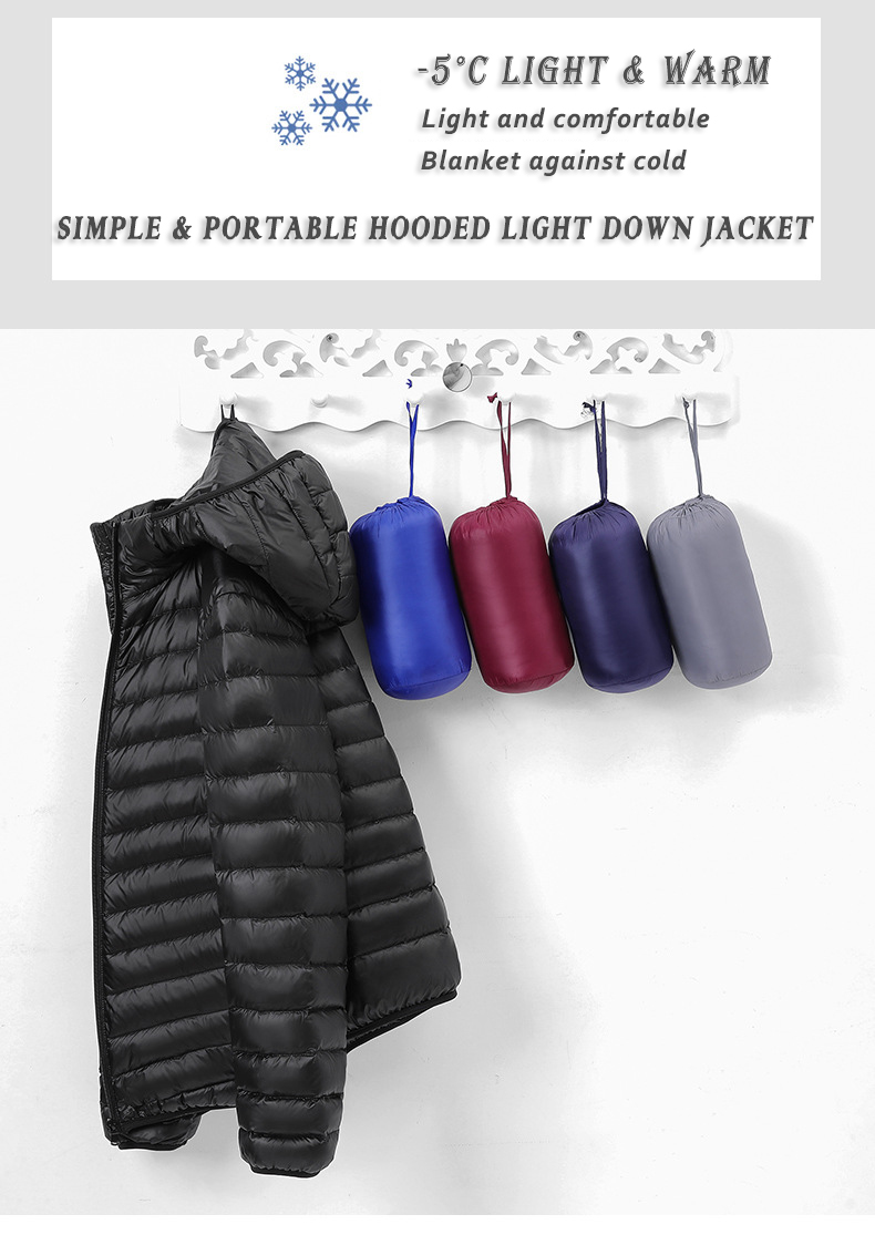 New men's white duck down anti-drilling velvet lightweight hooded casual warm winter down coat or jacket with storage bag