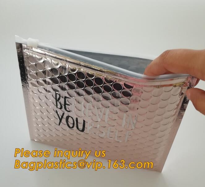 Holographic Factory Shiny gold Cosmetic bag Zipper Bubble Bag zip-lock Slider Padded Mailer metallic bubble zipper bagea