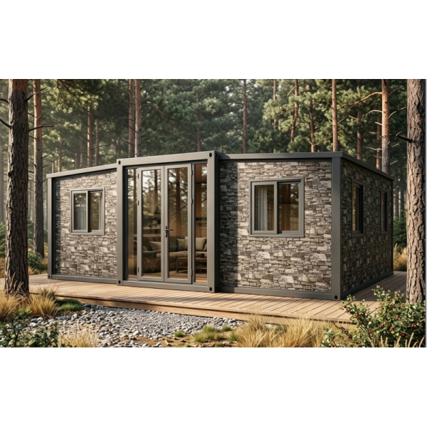 Modern Luxury Tiny House with Stone Exterior for Pine Forest Camping Resort