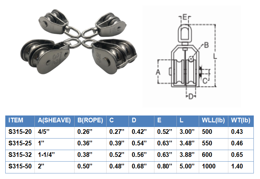 S315 Double Pulley Block Lifting Stainless Steel Wire Rope Hoist Block for and Lifting