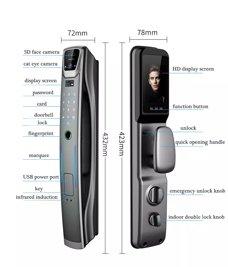 Xhome Wifi Fingerprint Passcode Video Intercom Camera Face ID Recognition Smart Lock Door
