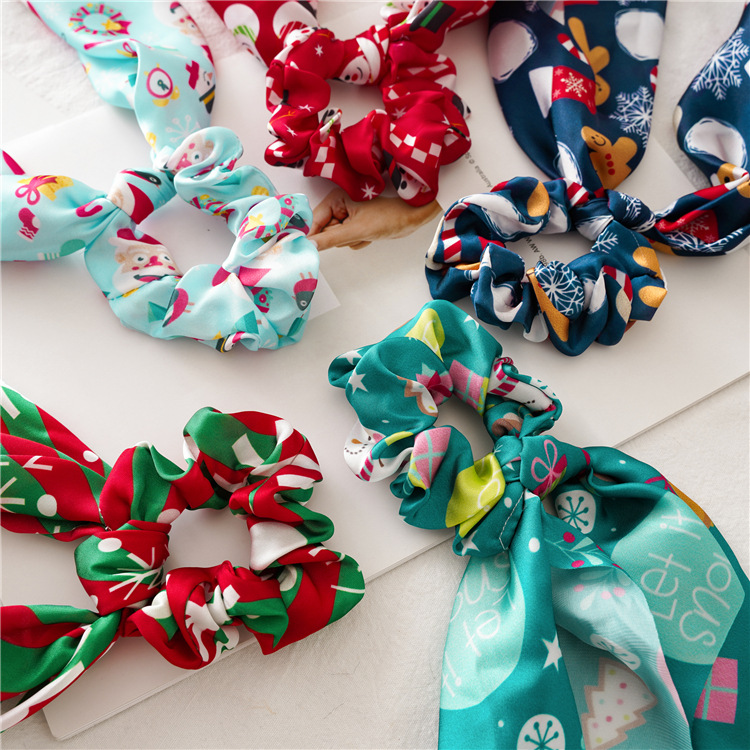 Gold Green Christmas Hair Accessories For Adults Toddlers Headband Cartoon Elk Snowman Scarf Scrunchies 32cm