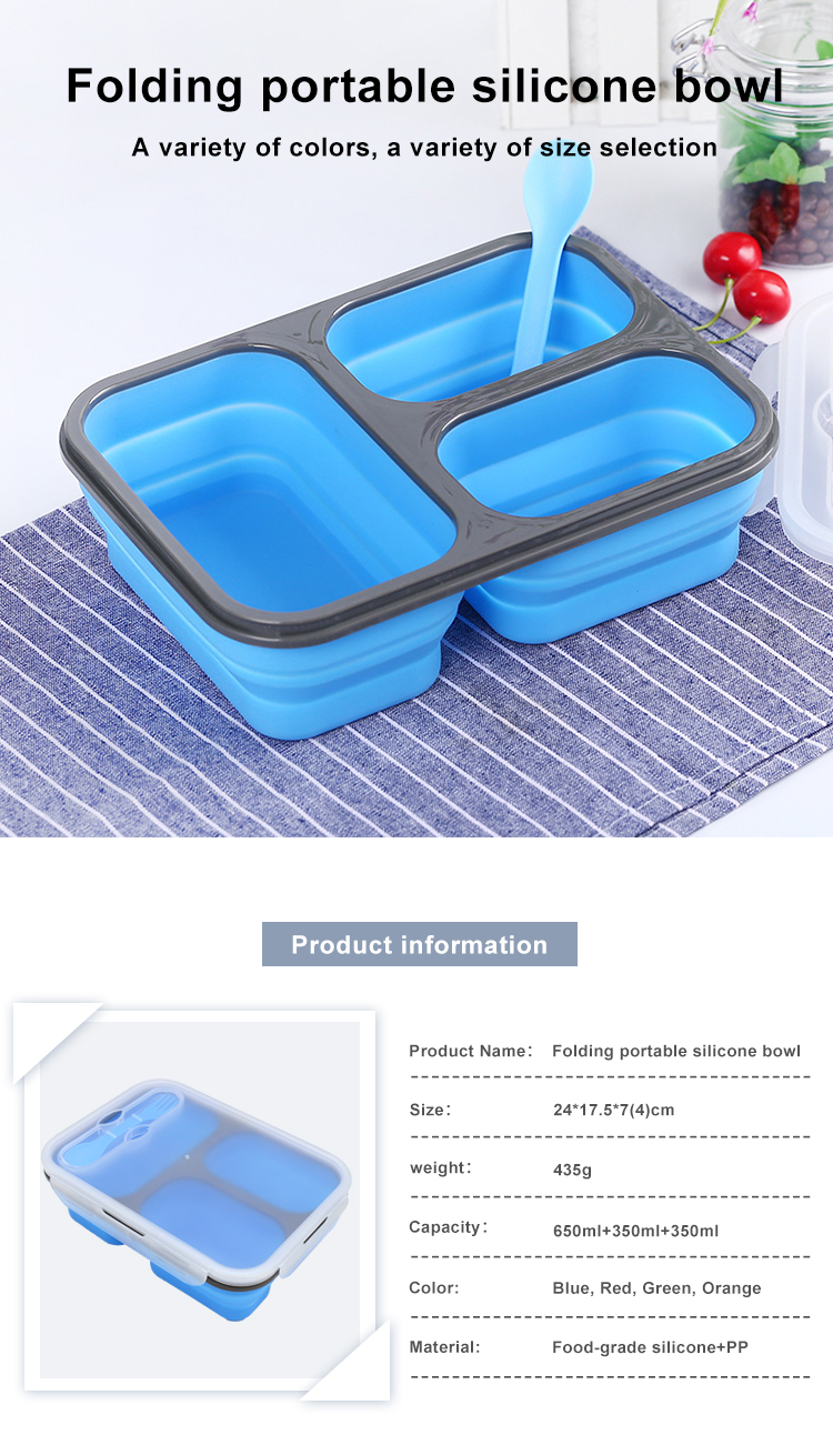 Rectangle 460g 3 Compartments Silicone Folding Lunch Box