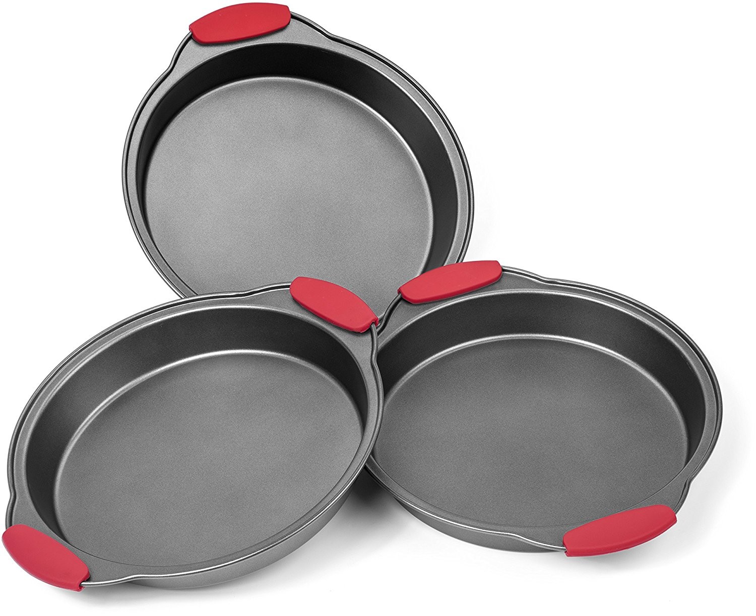 3 Piece NonStick Cake Pans Set with Silicone Handles Easy Release Non Stick Coating Wide Round Ends For Easy Handling