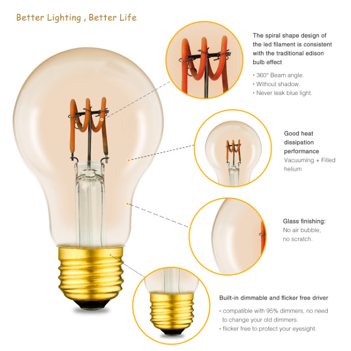 A19 A60 Decorative Outdoor LED Light Bulbs E27 Spiral Filament Bulb Dimmable 4w 6w
