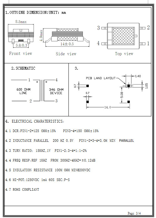 2.0h Audio Output Stereo Isolation Transformer For Audio Equipment Playback