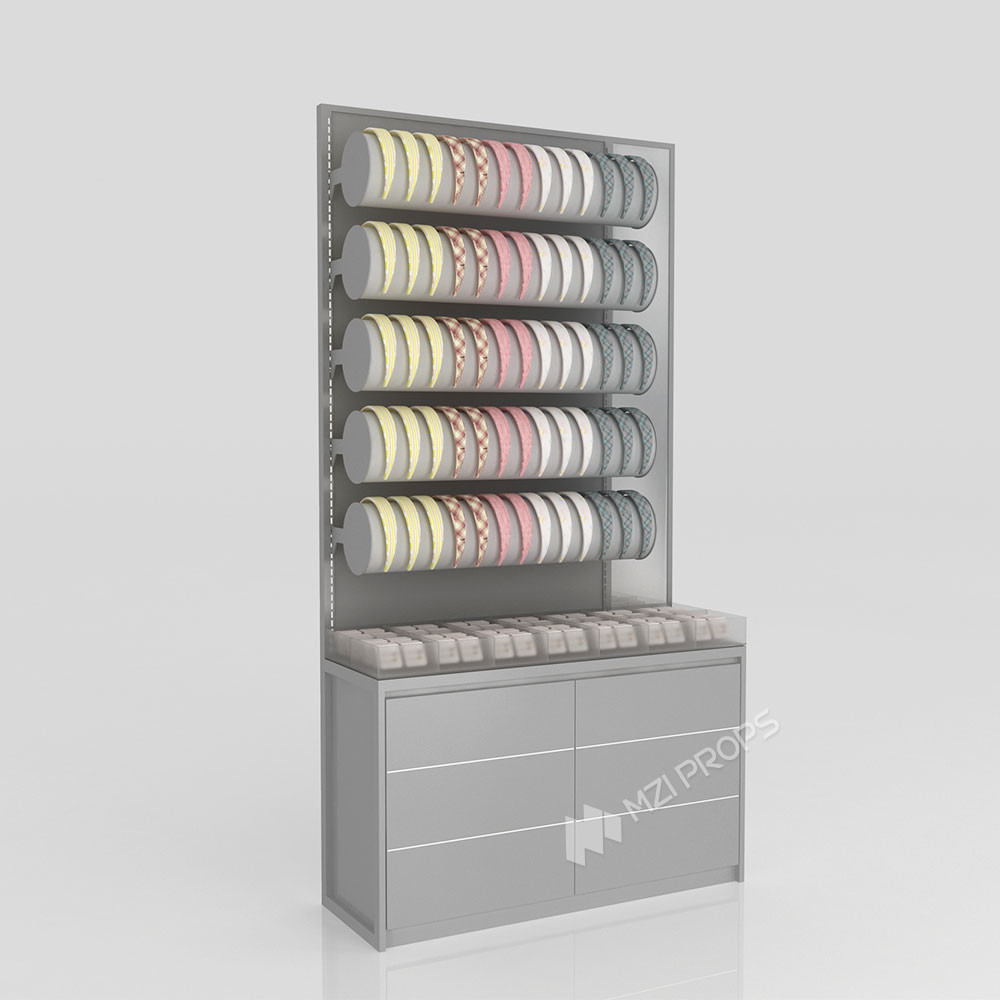 GDR08-SP02 Cosmetic Display Shelf with Gray Velvet Headband Cylinders and Efficient Storage for Cosmetics Retail Stores