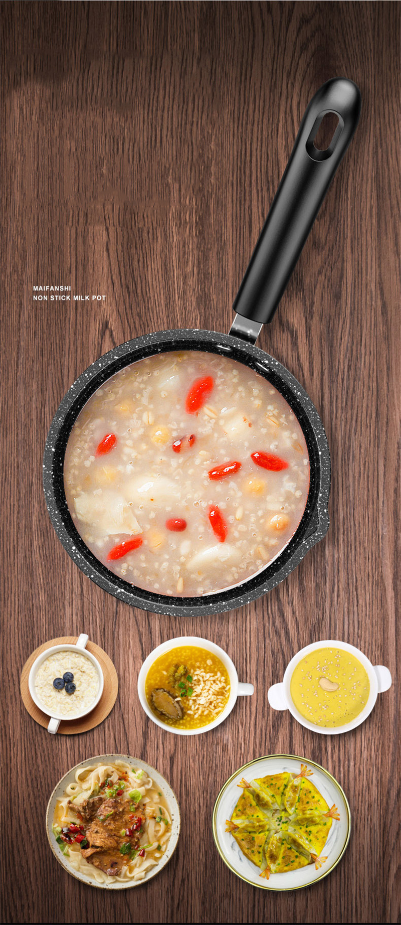Wholesale 16cm Non Stick Granite Maifan Stone Classic Kitchen Soup Pot Black Milk Pot Sauce Pan With Glass Lid