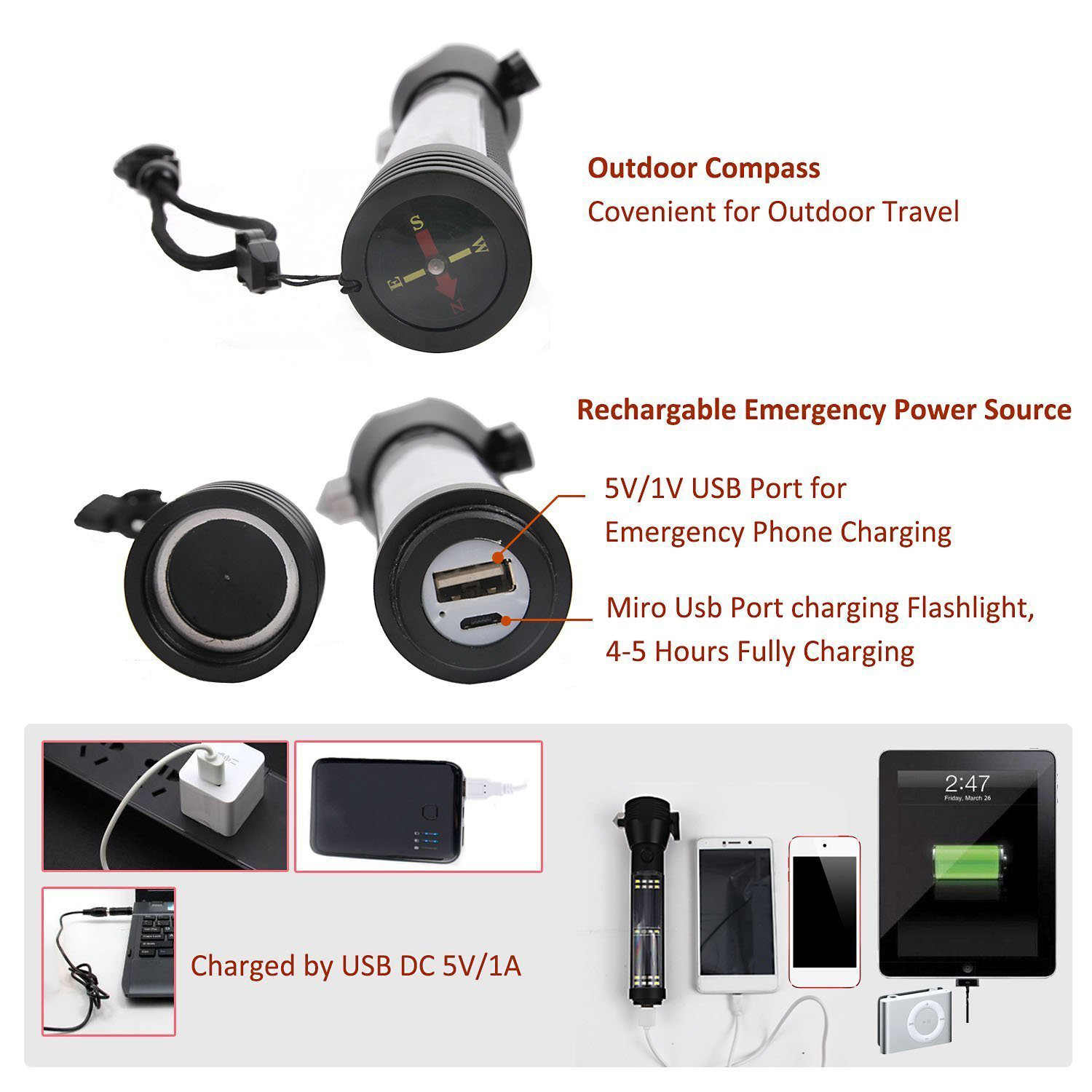 Phone Charger 380lm 200m Handheld Solar Flashlights With 2000mAh Battery