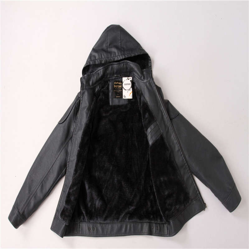 Men'S High Quality PU Coats Hooded Jacket Plush Fur Coat keep warm Windbreak