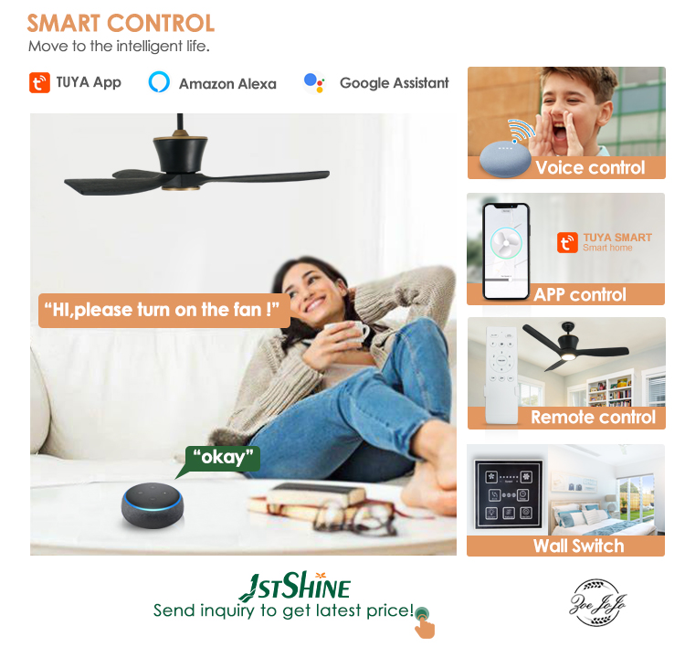 Pure Copper DC Power Source Black Wooden Blades LED Ceiling Fan with 3 Color Lighting