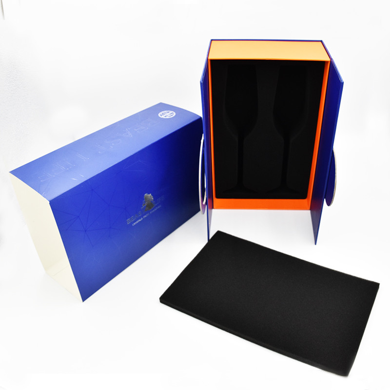 Blue Folding Magnet Two Wine Bottle Gift Box With Insert One Piece Structure