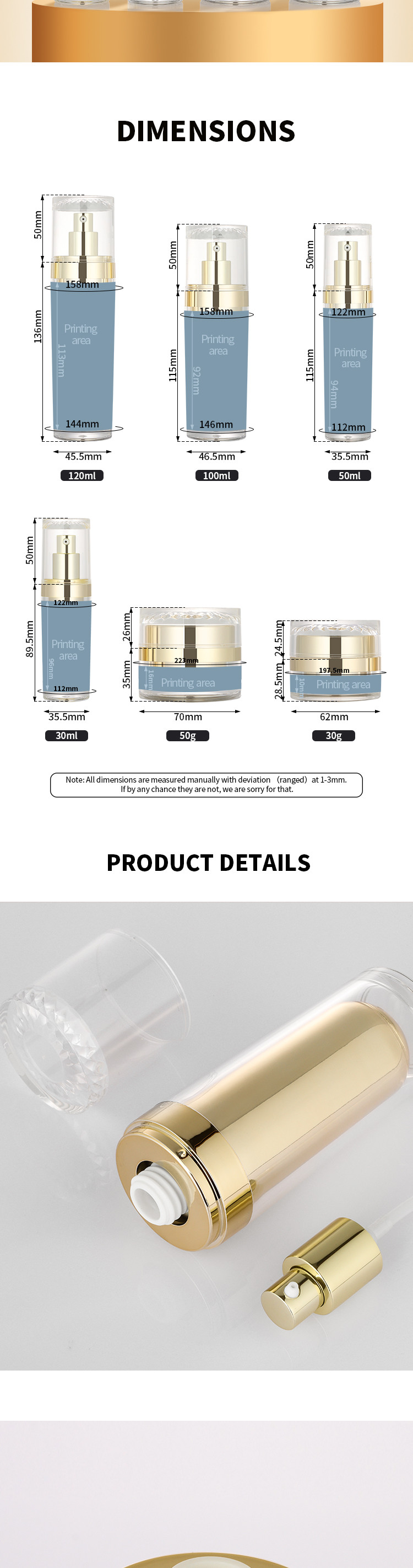 30ml 50ml 100ml 120ml plastic acrylic beauty makeup cosmetic lotion bottle 50g luxury cream containers skincare set