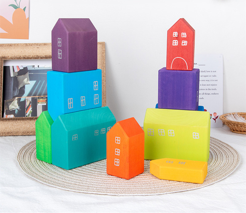 22.5cm House Wooden Rainbow Stacker Wooden Story Rainbow Stacking Toy