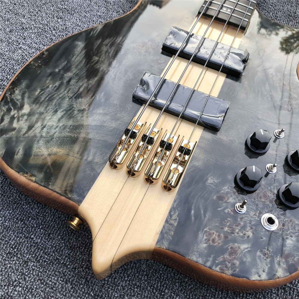 Free shipping Burst Maple top 4 strings Bass Guitar,Neck through body,Ebony fingerboard active pickups Electric bass