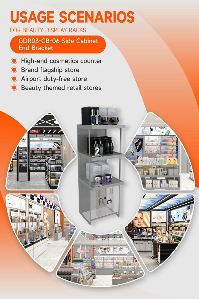 GDR03-CB-06 Side Cabinet End Bracket with Transparent Tempered Glass and Adjustable Shelves for Specialty Beauty Stores