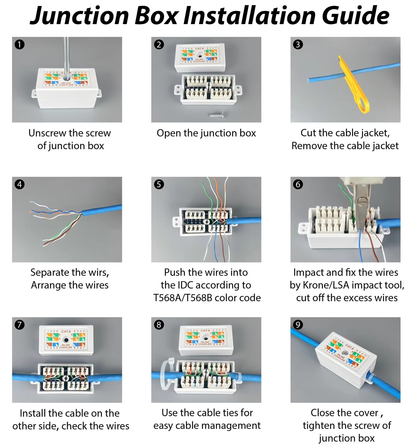 CAT6 CAT5E IDC 4 Pair/8 Way Junction Box 8P8C - Inline Cable Coupler - Terminal Socket