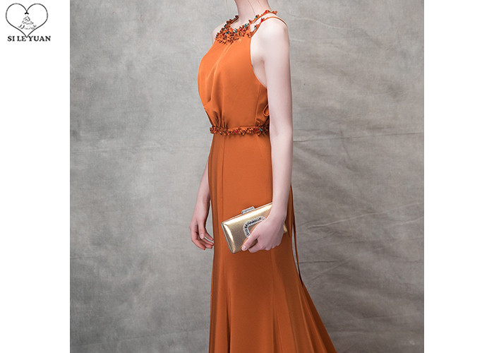Orange Mermaid Ladies Party Wear Gown Long Tail Blue Beads Hanging Neck