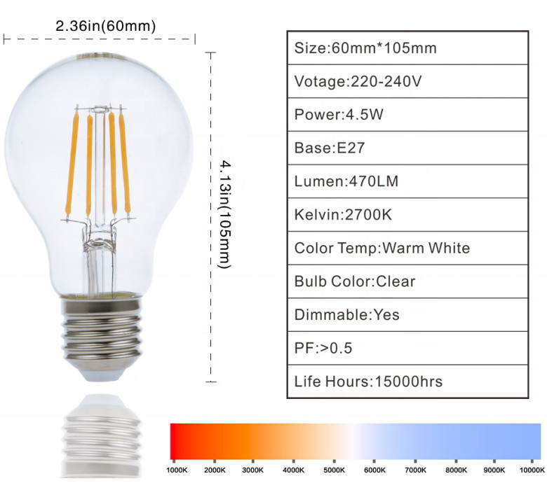 Clear LED Filament Lamp E27 8W LED Edison Bulb 200V 240V A60
