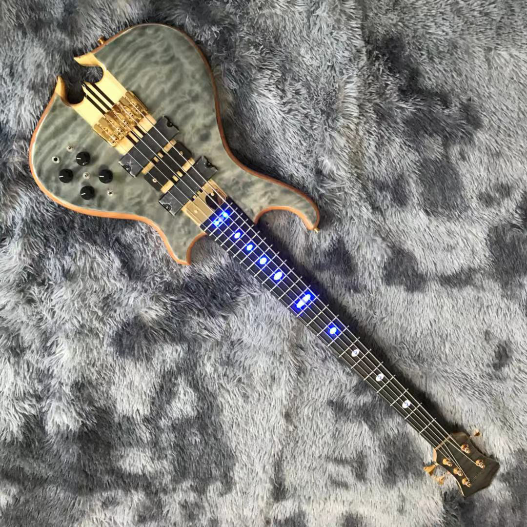 Custom Alem Style Mark King 5 Omega Cut Bottom Shape Neck Through Body Flamed Maple Top 5 Strings Bass Guitar