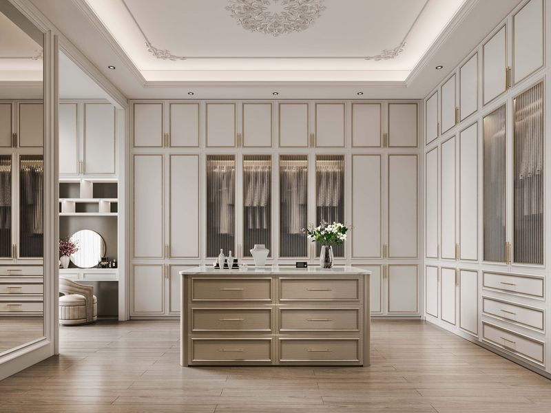 Durable Elegantly Crafted Custom Walk In Closet With Refined Gold Detailing