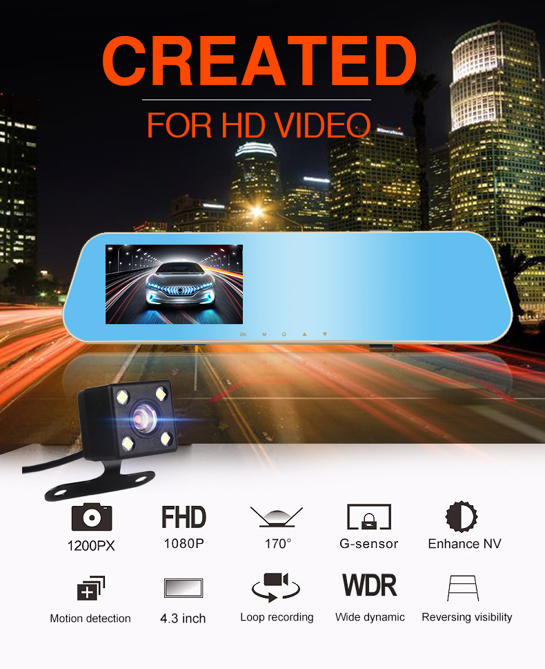 Night Vision Dual Lens 4.3inch Vehicle Dash Cam Front And Rear View