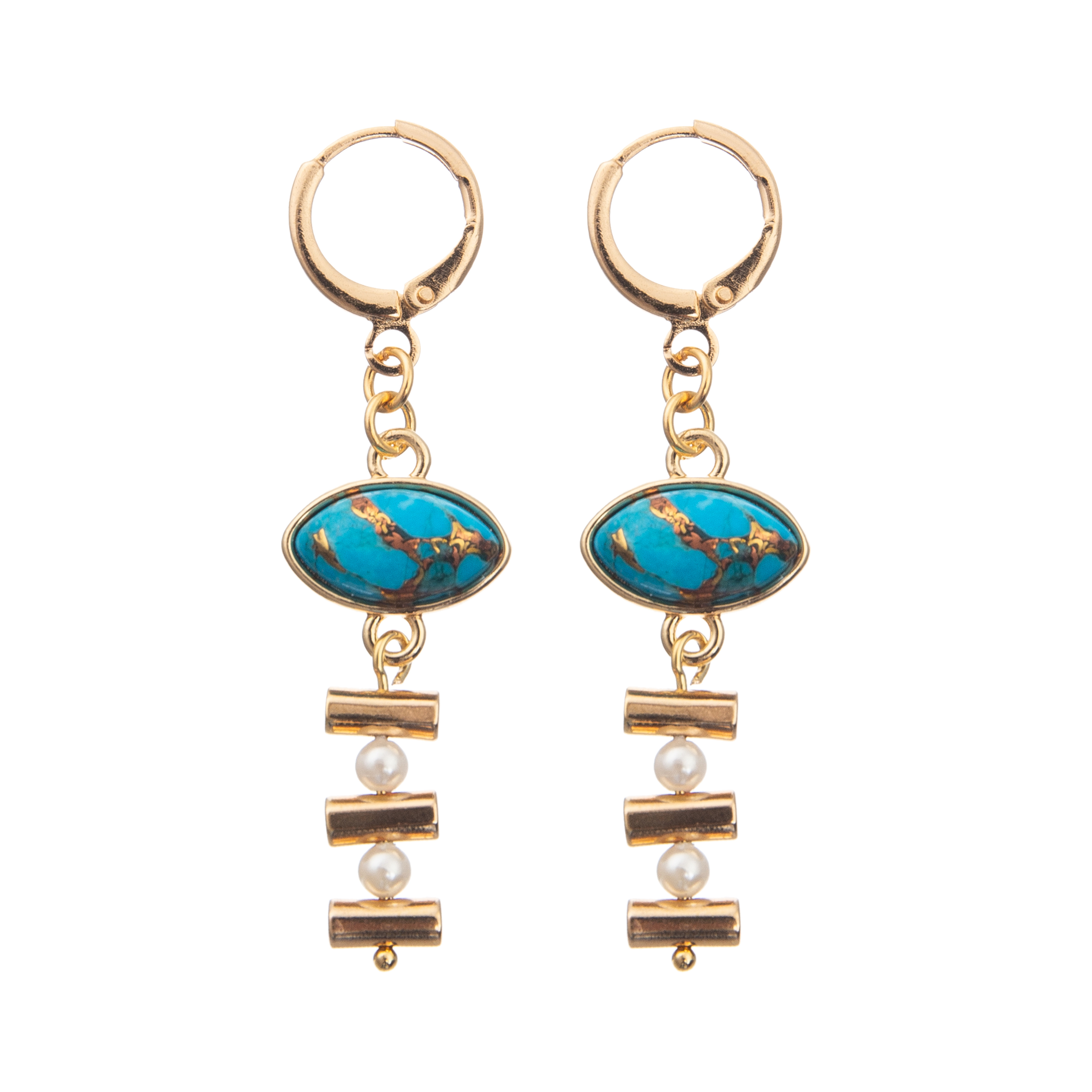 Chain Buckle Enamel Hoop Earrings Set With Gold Plated Oval Turquoise 2 Pearls