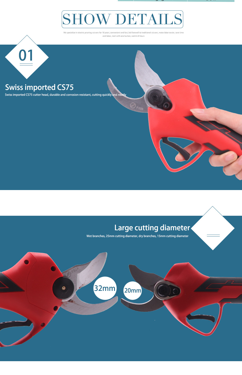 Swansoft 3.2CM Electric Pruning Scissors Shears with 21V 2.5Ah battery for vineyards and orchards