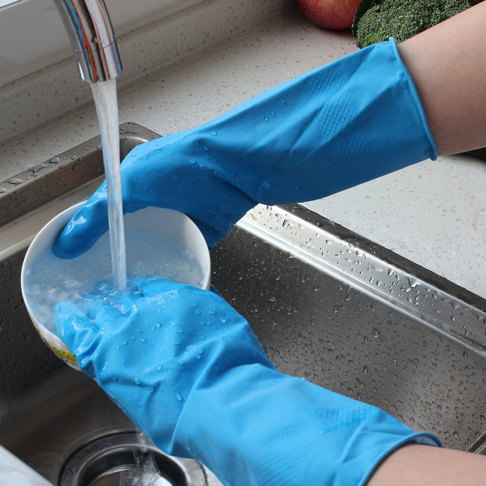 Blue Long Flock Lined Rubber Gloves slip resistance for home cleaning