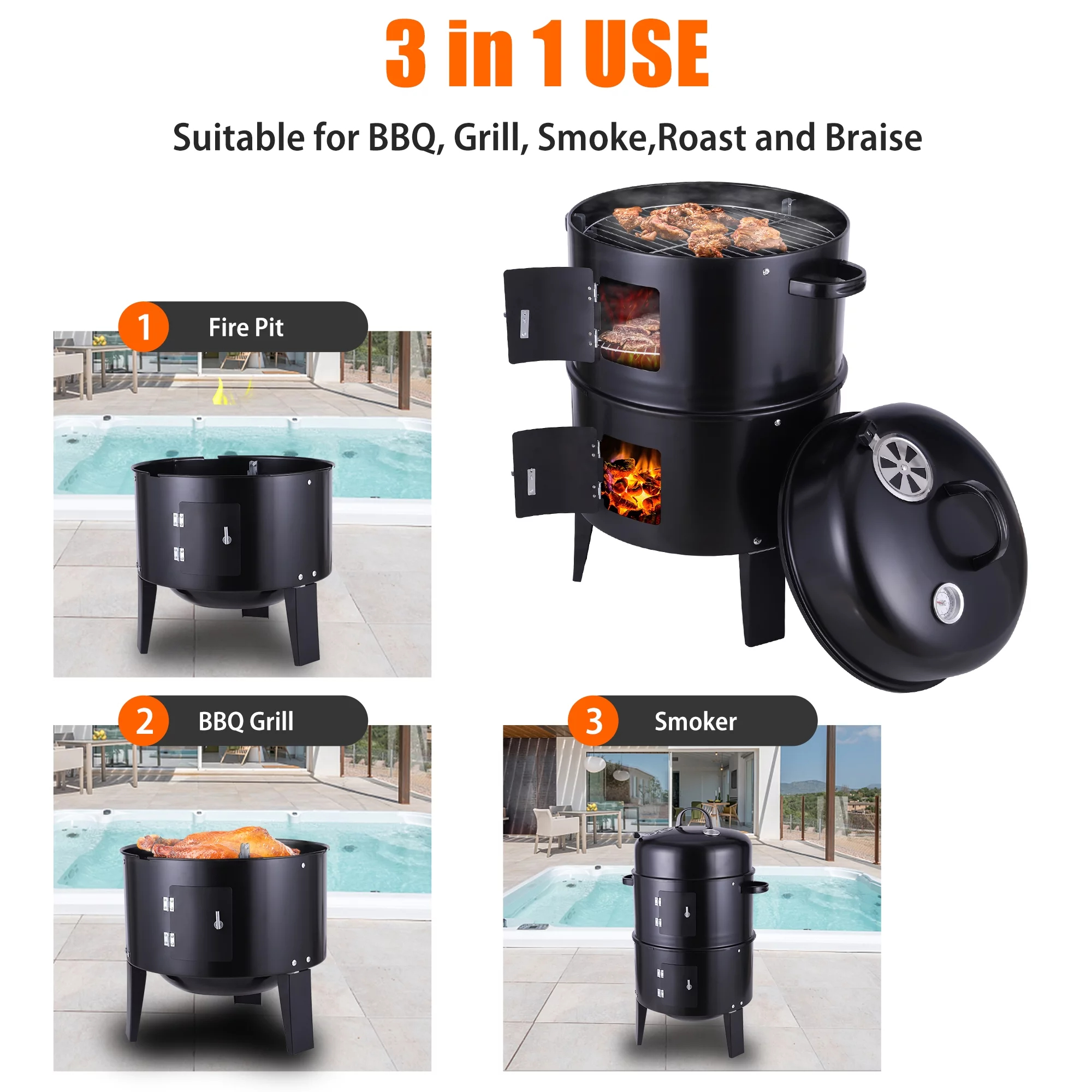 3-in-1 Heavy Duty Tower Charcoal Barbeque Grill Smoker for Outdoor Cooking Fun