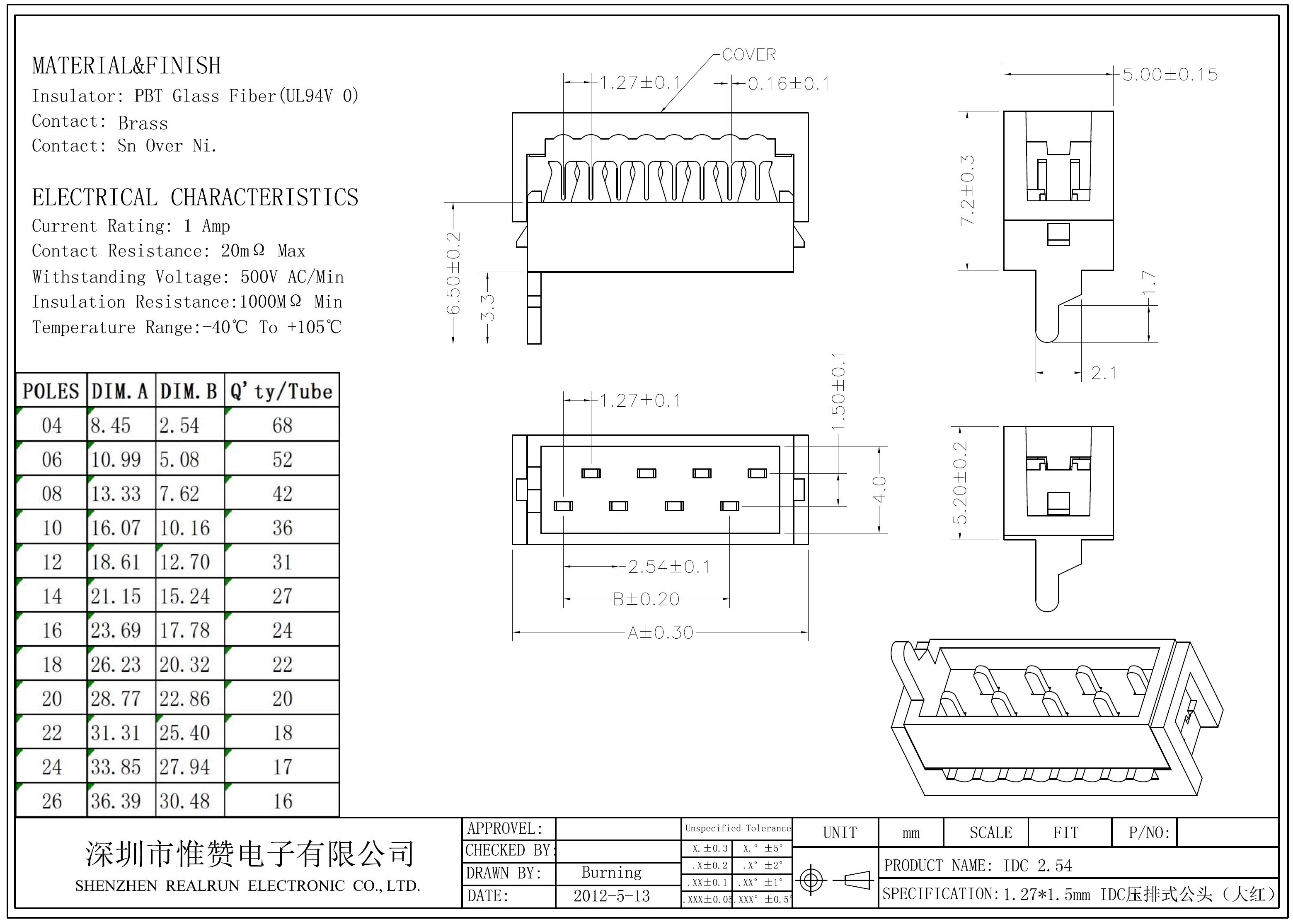 High Reliability Slotted IDC Connector 1.27mm Male Pin Header UL 94V 0 Insulator