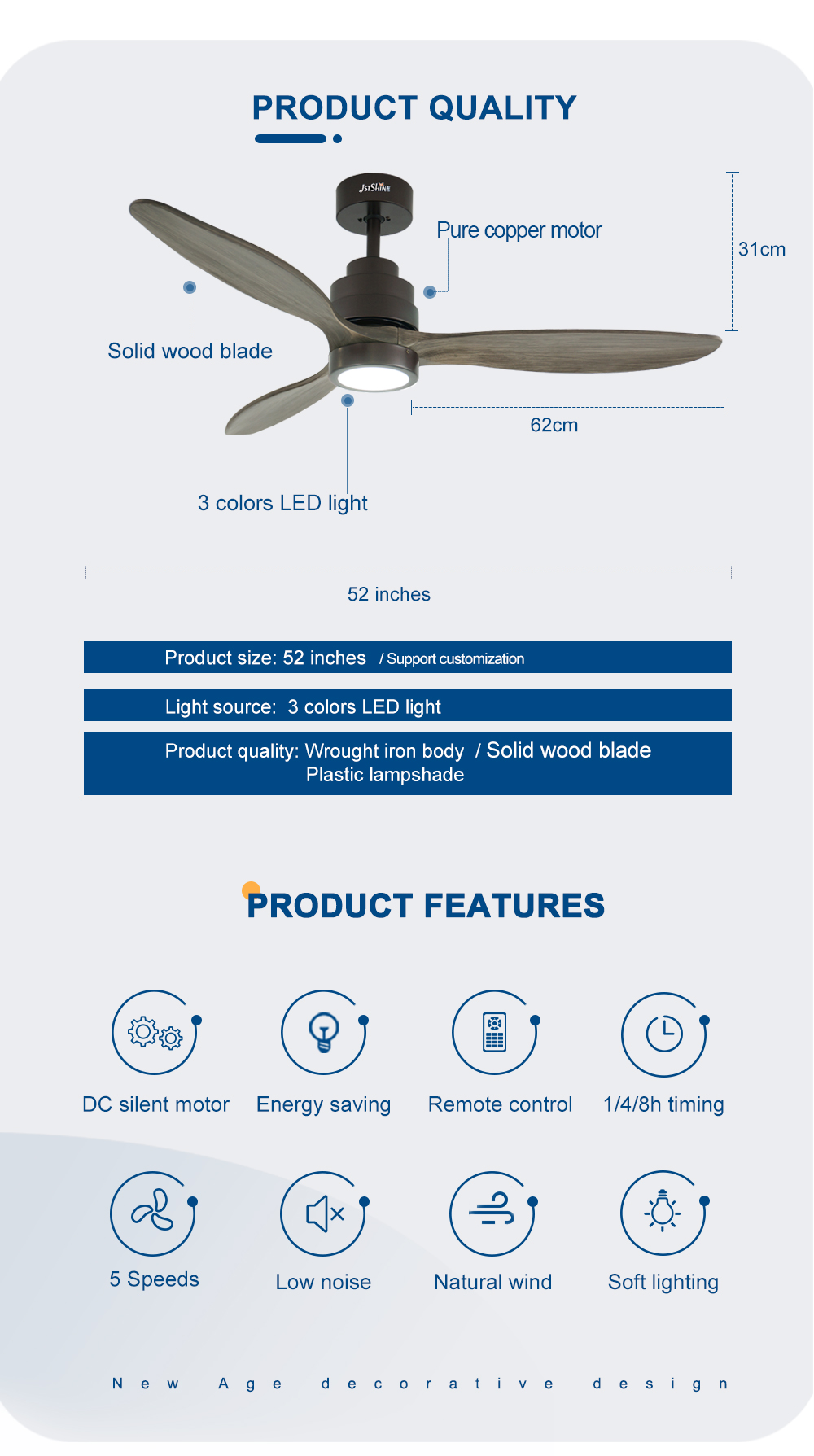 Lighting Solutions Service LED Ceiling Fan with 3 Wooden Blades and Remote Control