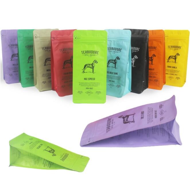 Aluminum Foil Flat Bottom Coffee Pouch Matte Printing Square Bottom 250g 500g 200 Microns