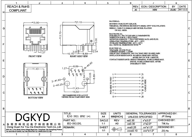KRJ-5921SNL 10P8C Shielded RJ45 Modular Connector No Filter Jock