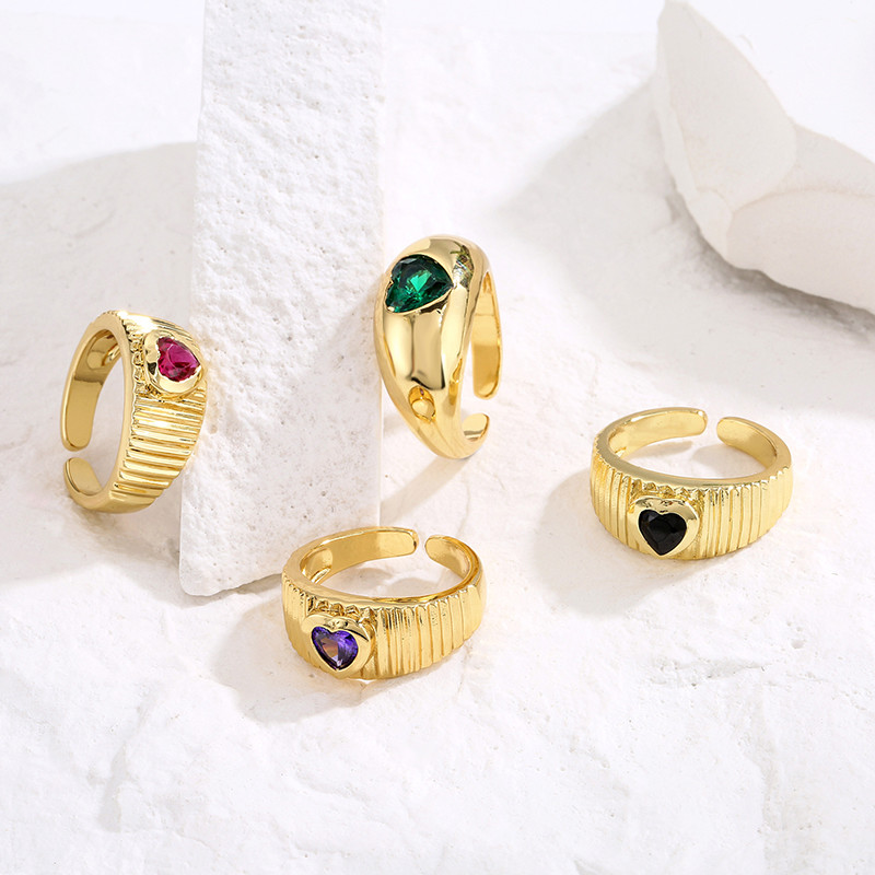 Colorful Heart Adjustable Chunky Rings Diamond Zircon 18K Gold Plated