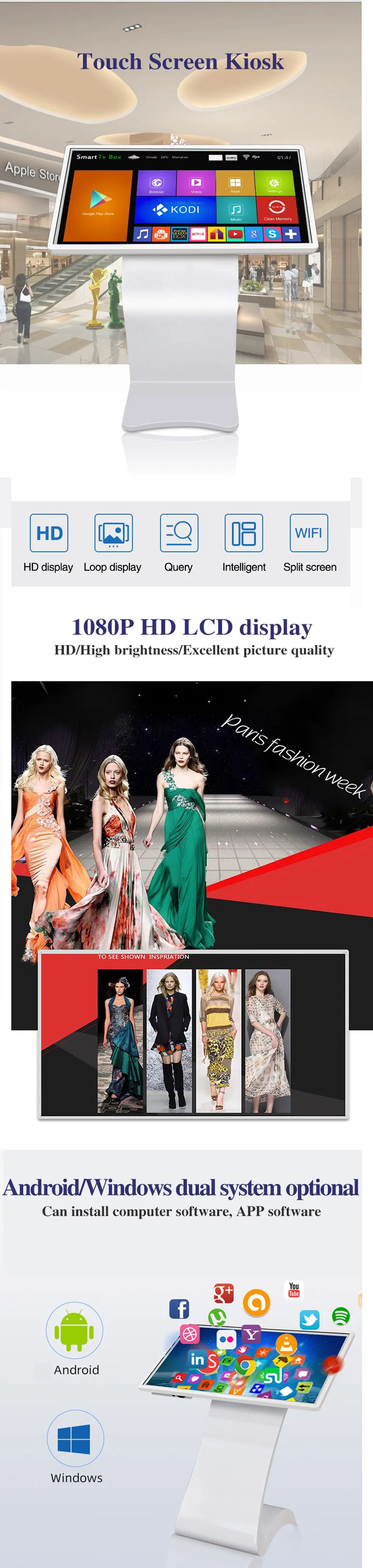 Indoor 32inch Touch LCD Advertising Kiosk Shopping Mall Display Screen