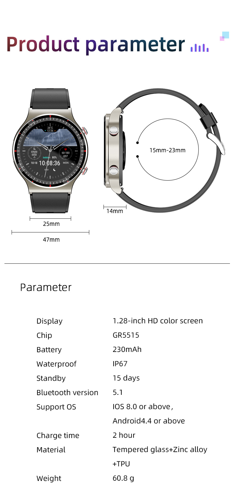 Ladies Medical Grade ECG Smart Watch Full Touch Screen 1.3 Inch ODM