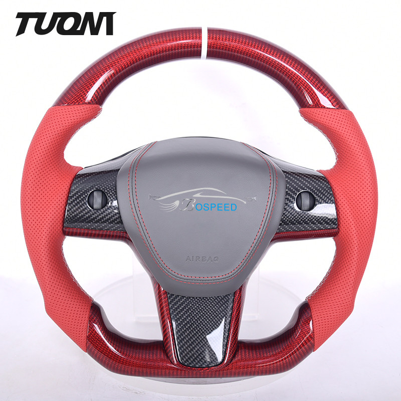 Red Carbon Fiber Rounded Top Flat Bottom Steering Wheel Tesla Model 3 Y