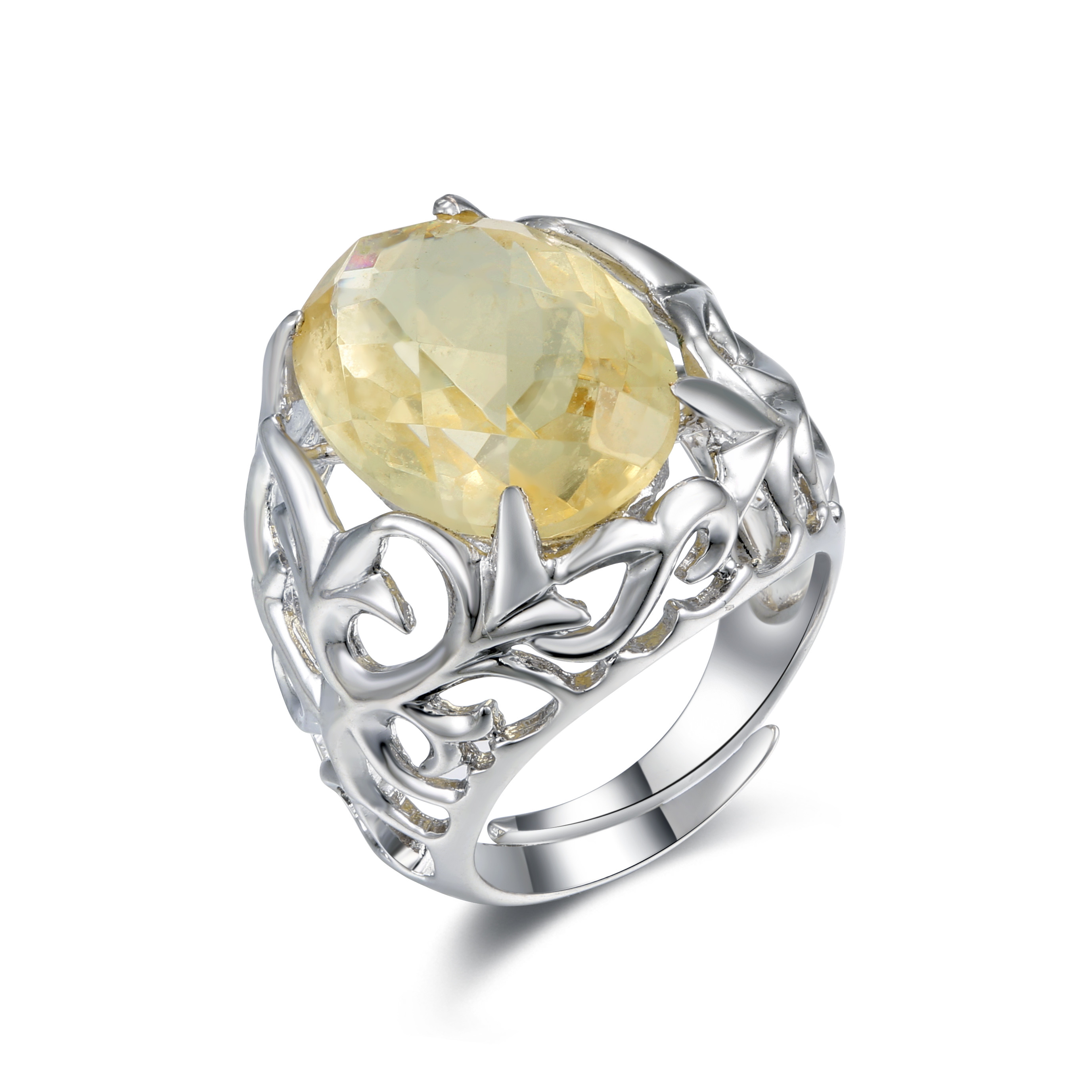 925 Silver Rhodium Gemstone Rings Natural Citrine AAA Grade Cubic Zirconia Stones 2.5g