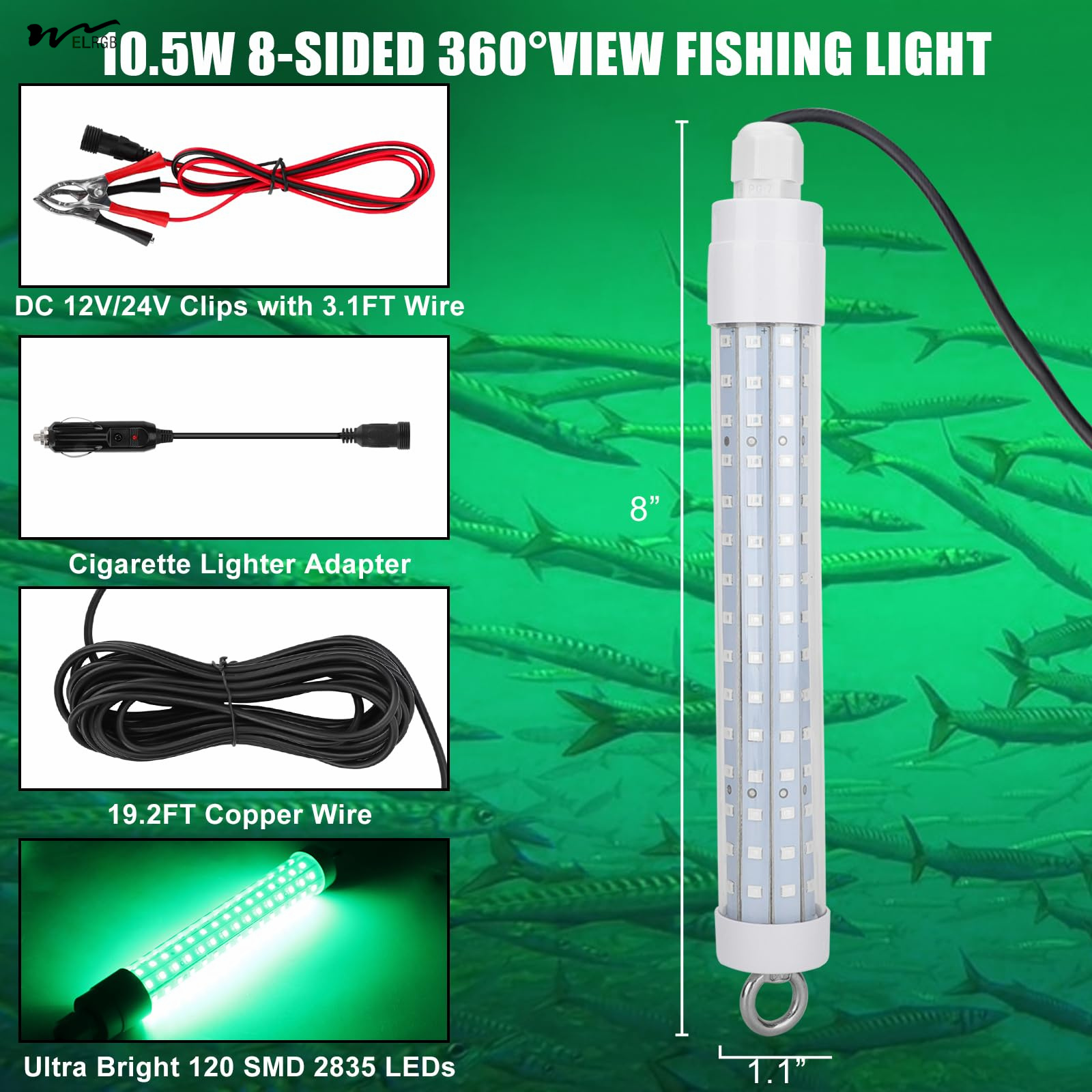 LED Underwater Fishing Light 8" 10.5W for Night Fishing Finder Attractor IP68 Submersible Boat Lamp