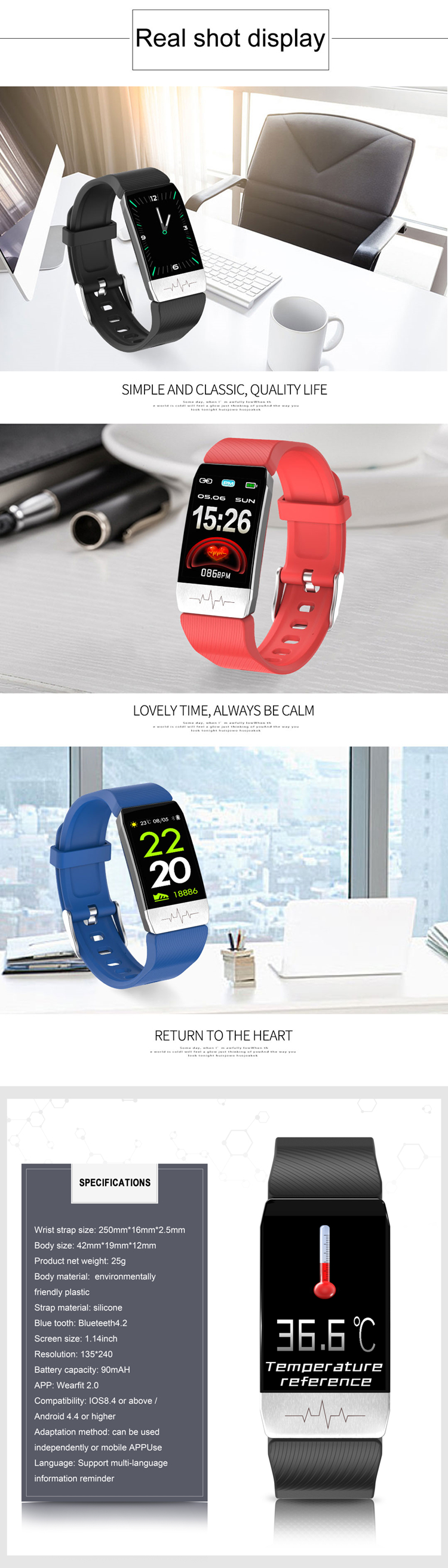 T1 Smartwatch ECG Square Shape 1.14" OLED Health Fitness Wearable Body Temperature Smart Watch